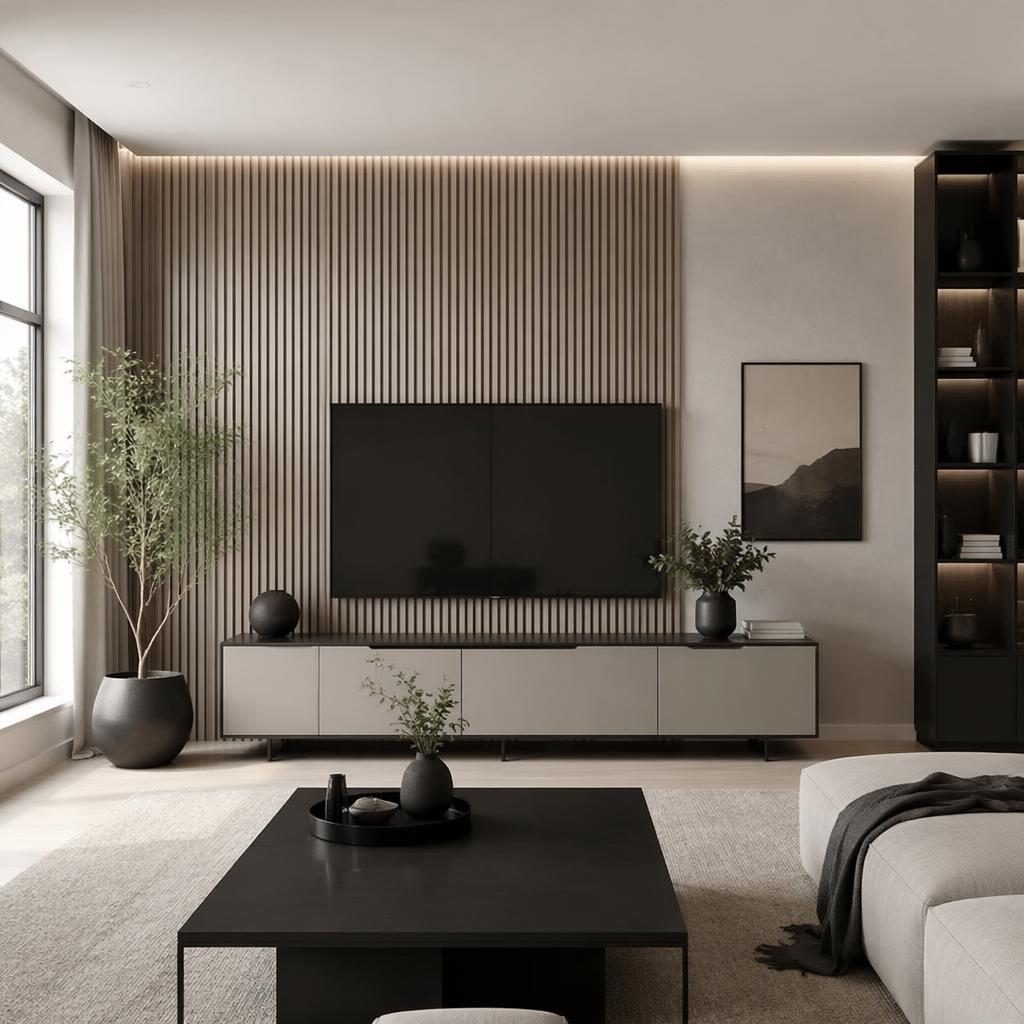 Skandinavische Küche in Schwarz-Weiß mit natürlichem Licht, Holz, Pflanzen, Kunst und wandgestaltung hinter wohnwand.