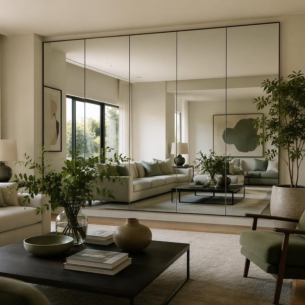 Contemporary sage and cream living room with a full wall mirror, natural materials, soft daylight, plants, art, and textiles.