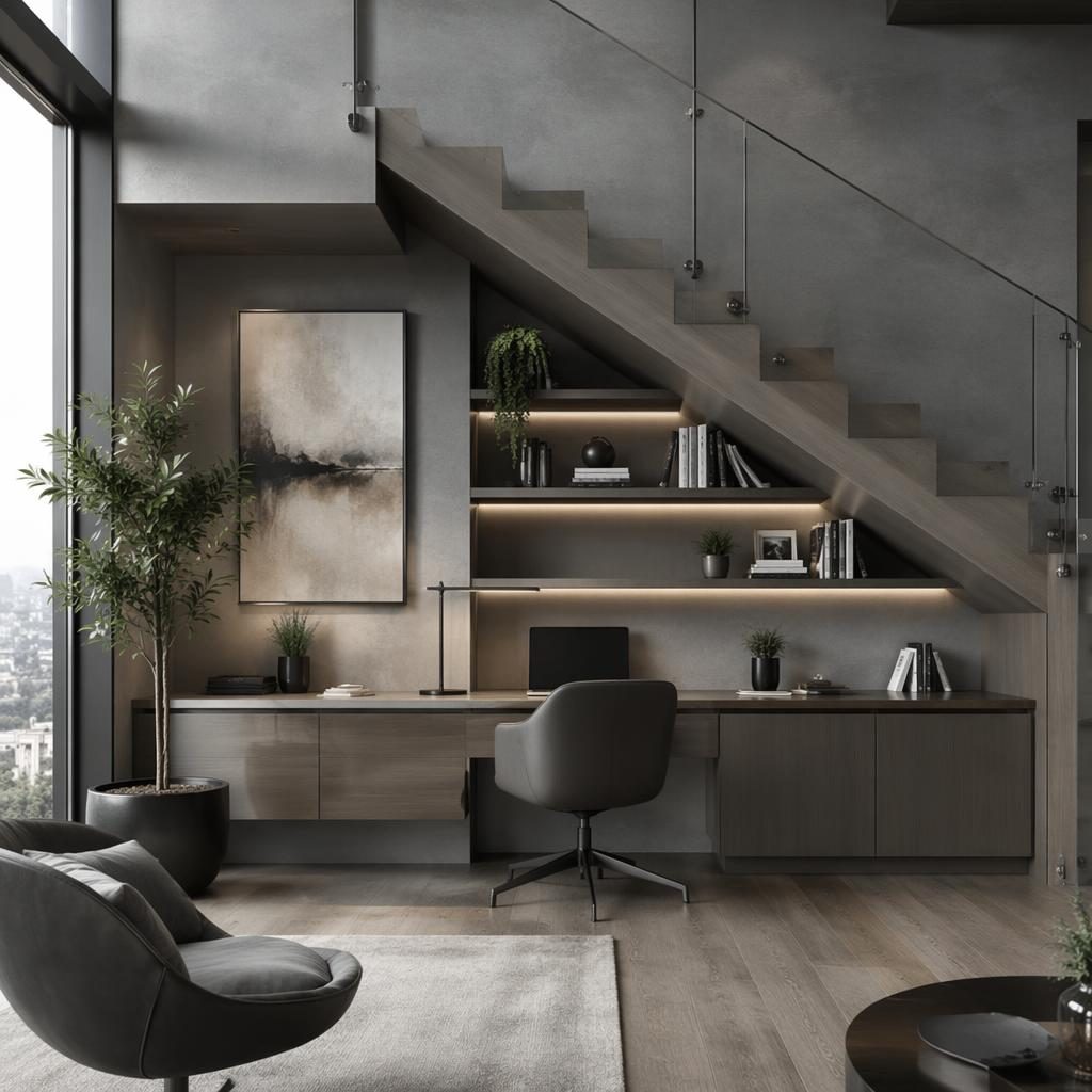 Espace sous escalier aménagé dans un intérieur de penthouse contemporain, tons gris, bois, plantes et lumière douce.