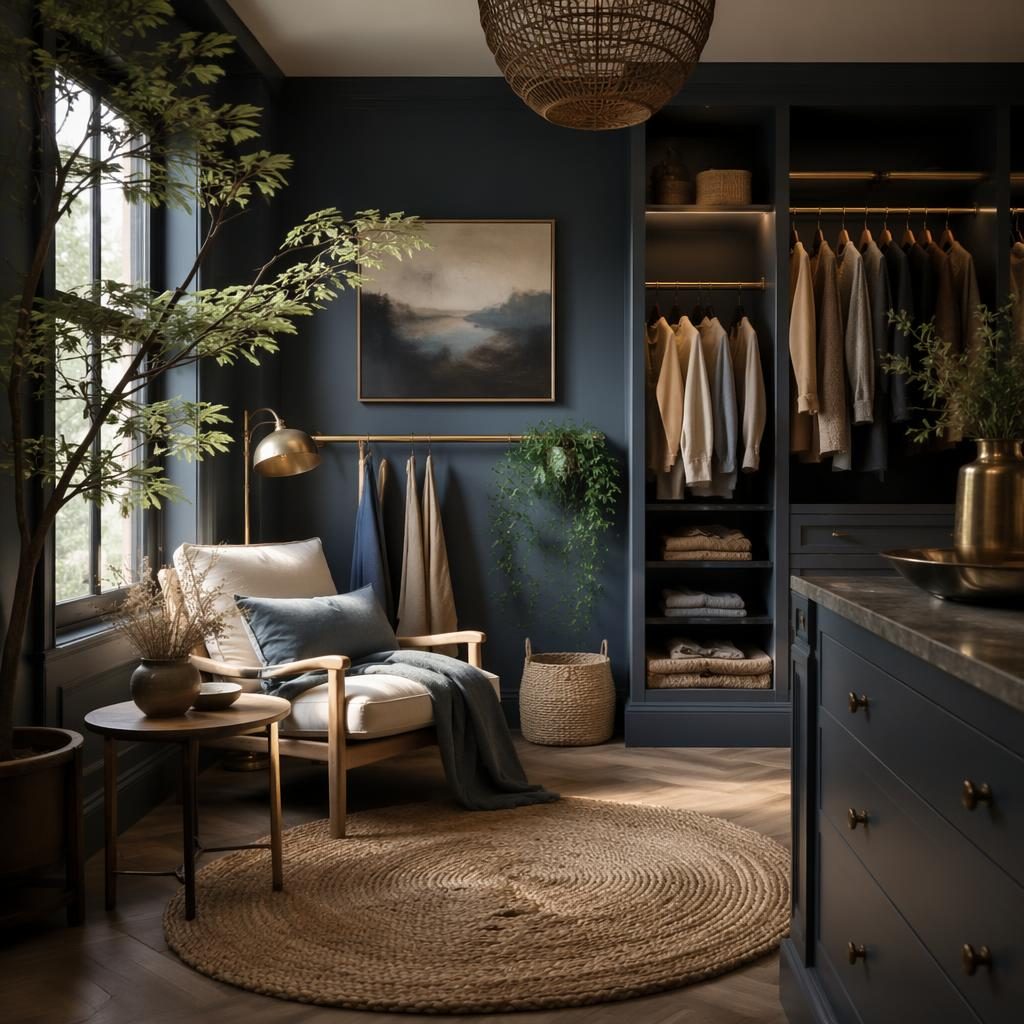 Dressing bohème avec coin lecture scandinave, palette bleu et laiton, plantes, textiles, art mural et lumière tamisée.