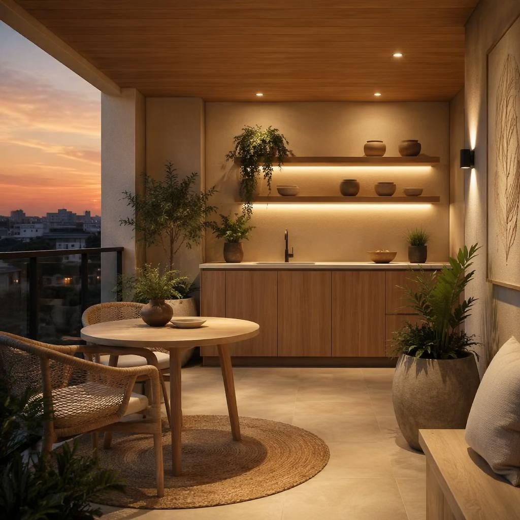 Balcón estilo japandi con paleta neutra cálida, materiales naturales, plantas, textiles y luz de tarde, sin personas.