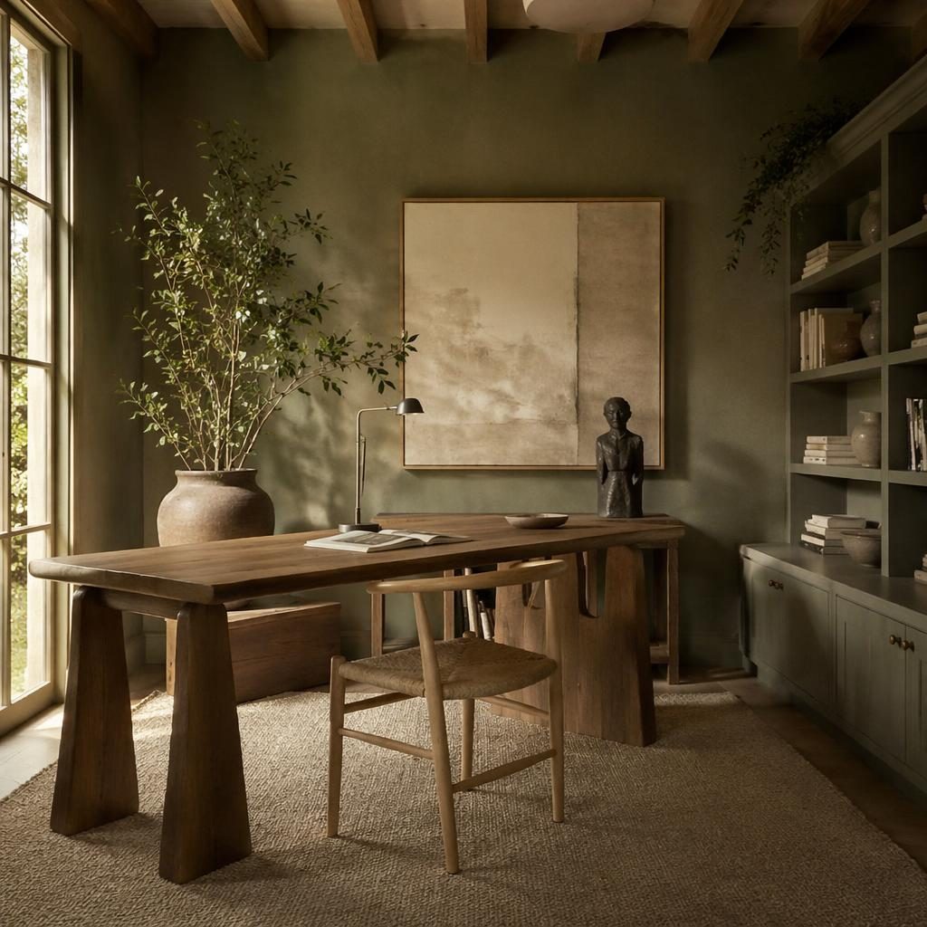 Scandinavian home office interior with sage and cream palette, natural wood, plants, textiles, art, and soft daylight