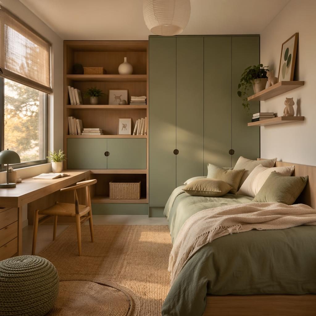 Minimalistisches Japandi-Arbeitszimmer in Salbei und Creme mit Holz, Pflanzen, Textilien und warmem Abendlicht.