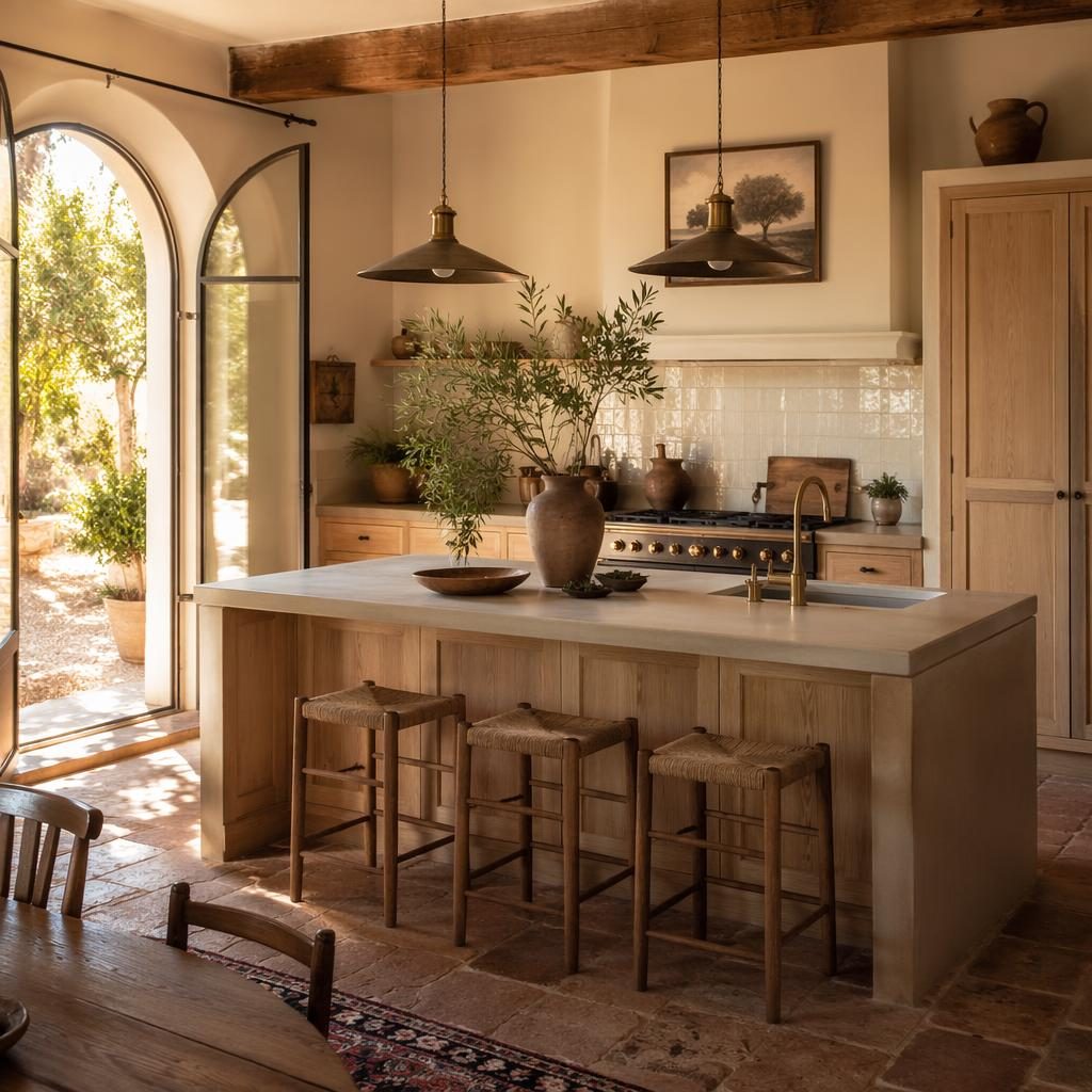 Cuisine modern farmhouse au style intérieur provençal, tons neutres chauds, bois naturel, plantes et lumière dorée.