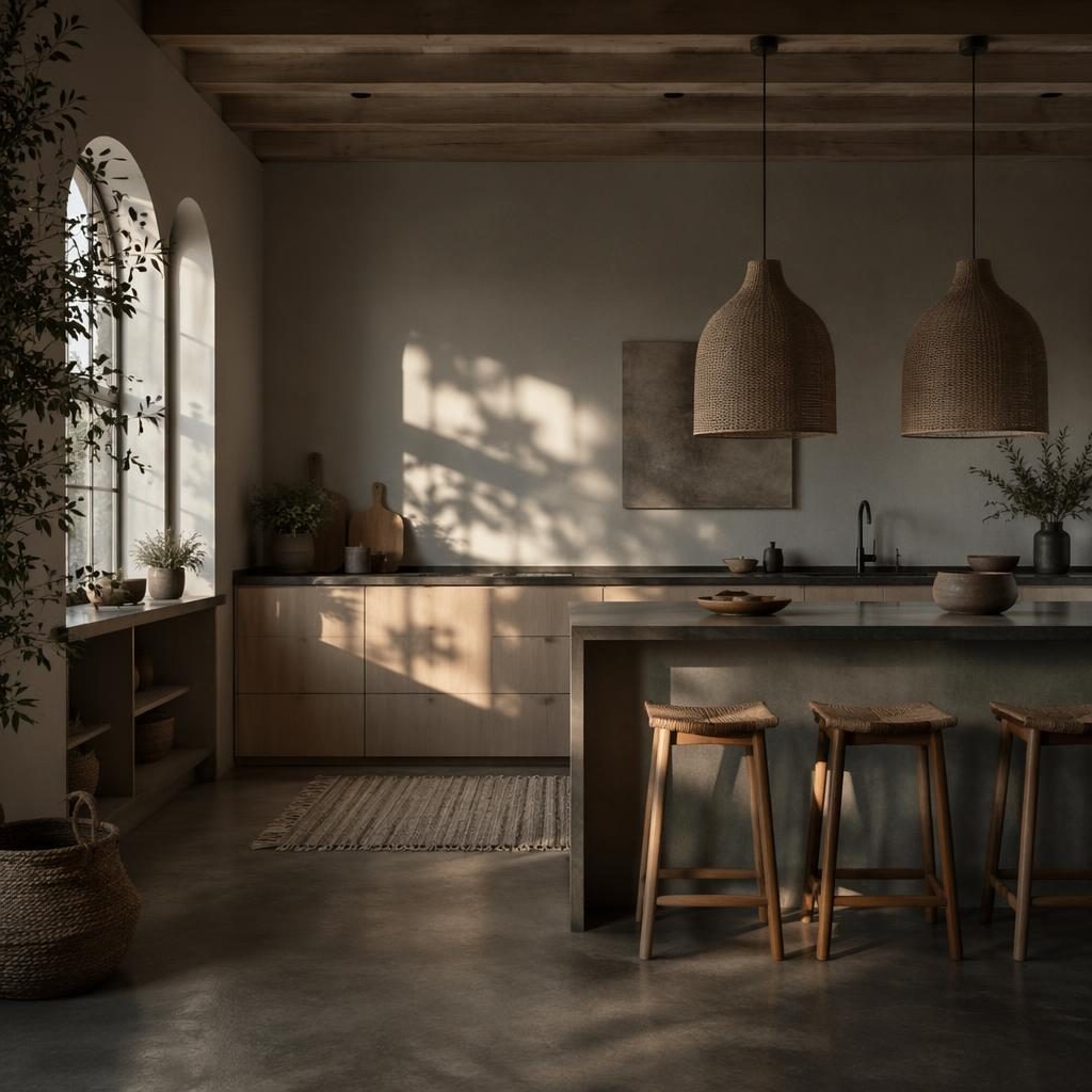 Minimalistisches Schlafzimmer in gedeckten Grautönen mit natürlichen Materialien, Textilien, Kunst, Pflanzen und Abendlicht.