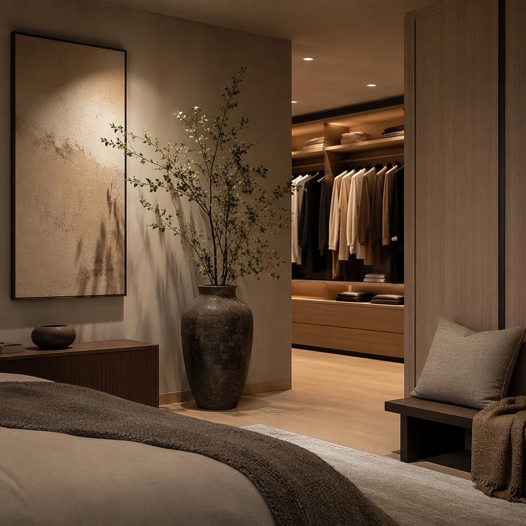 Japandi walk-in closet interior in warm neutral tones with wood shelving, soft textiles, plants, art, and a large floor vase.