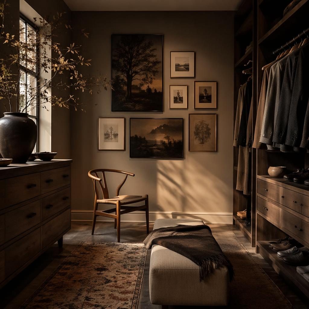 Walk-in closet interior with warm neutral tones, natural wood, gallery wall decor, textiles, plants, and golden hour light
