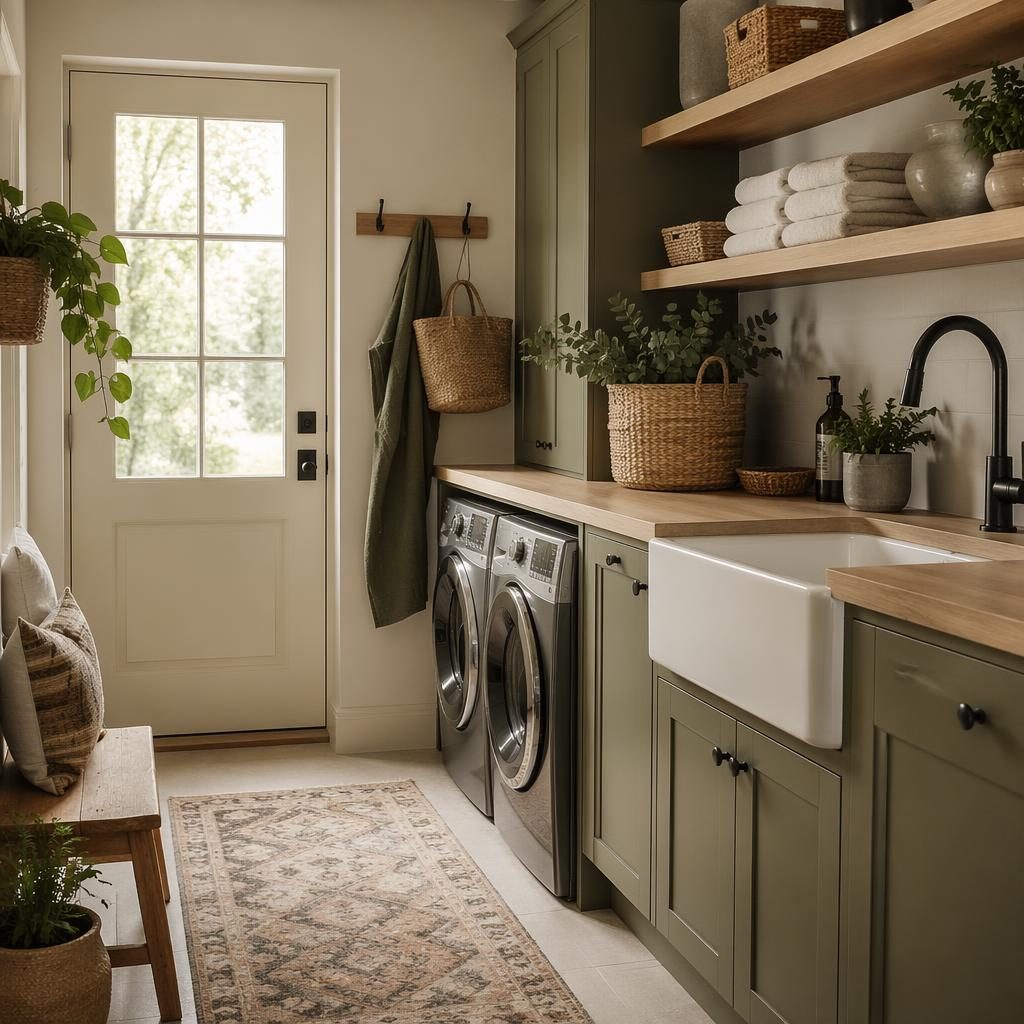 Farmhouse bedroom interior with sage and cream palette, daylight, natural wood furniture, textiles, plants, wall art, and warm rugs.