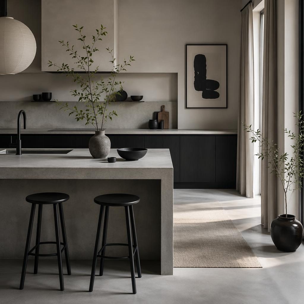 Minimalist concrete Japandi kitchen in a black and white palette with soft daylight, plants, art, textiles and no people.