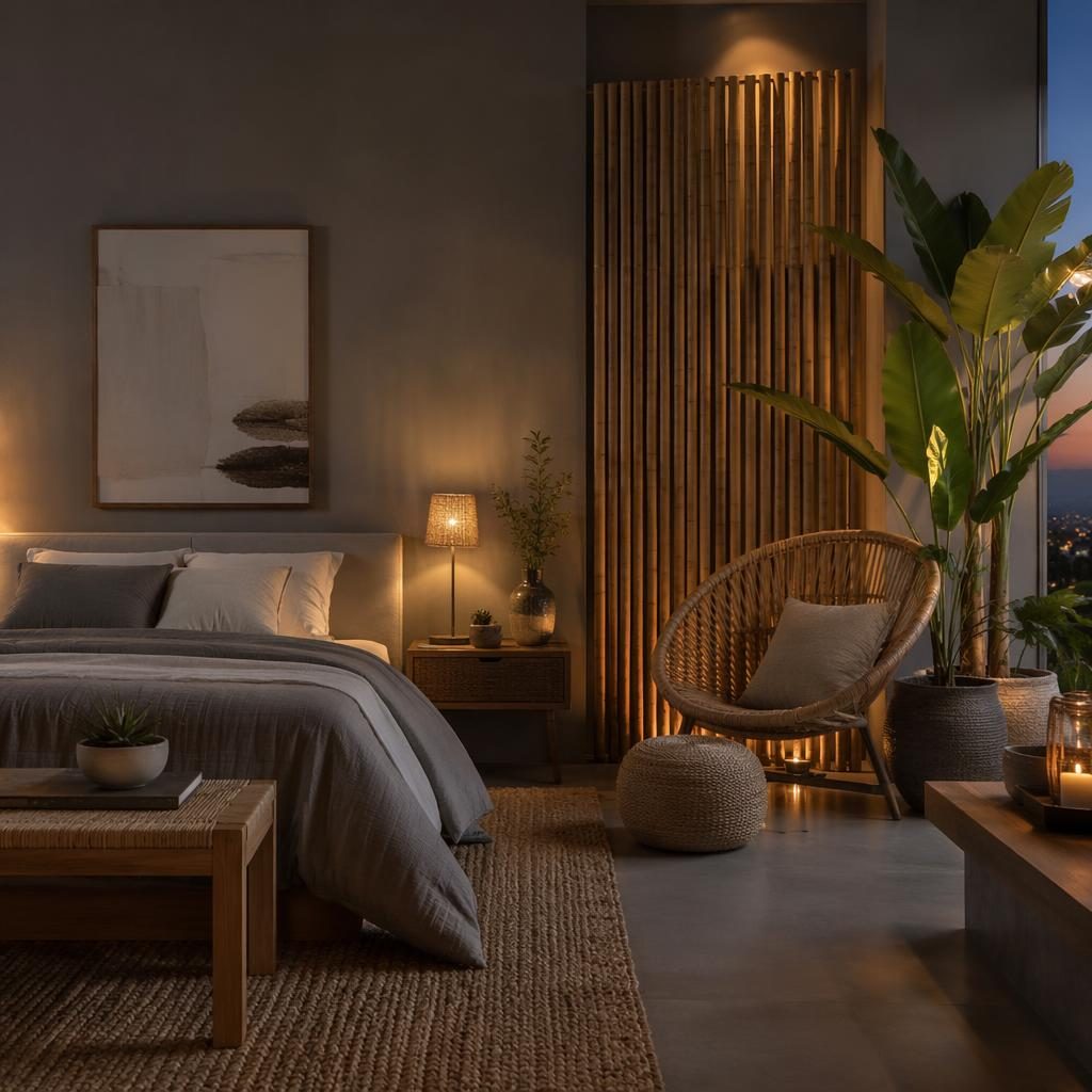 Dormitorio minimalista en grises con rincón de lectura boho, plantas, bambú, textiles cálidos y luz de tarde