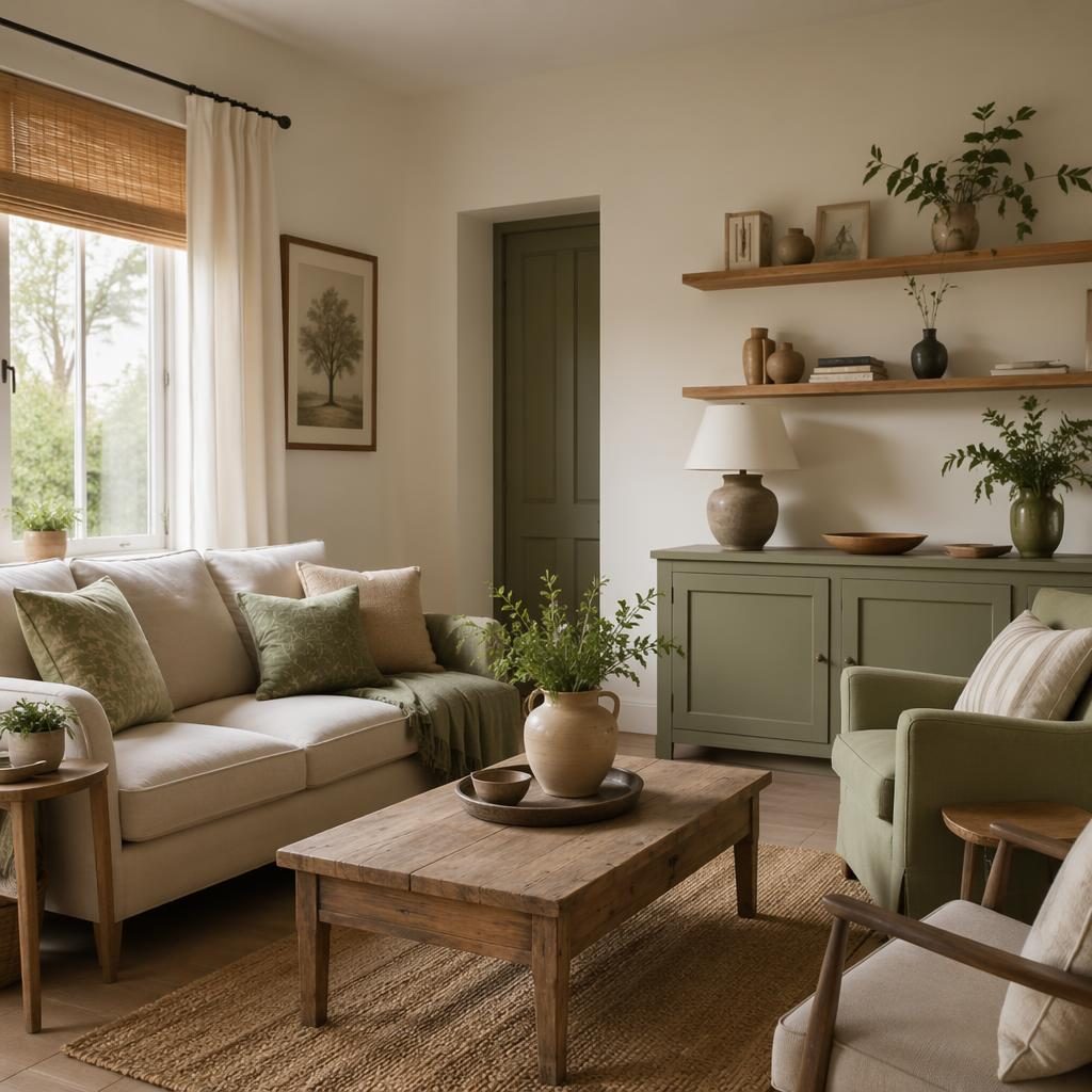 Cocina de casa de campo en tonos salvia y crema, con madera natural, plantas, textiles y luz difusa.
