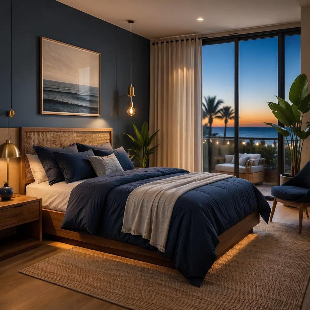 Dormitorio juvenil moderno y minimalista con paleta azul y latón, madera natural, plantas, arte textil y luz cálida