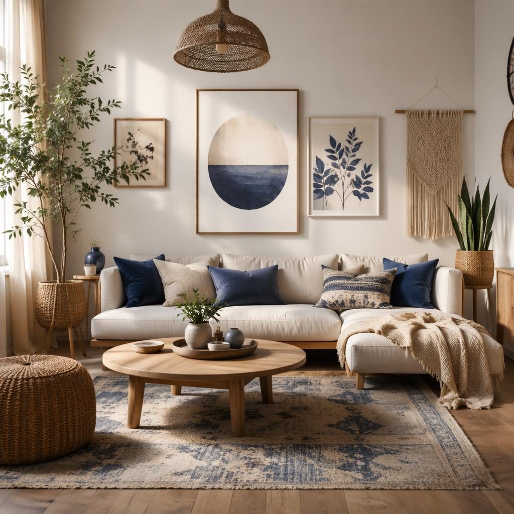 Japandi living room with blue and brass accents, wall art, textiles, plants, natural materials, and soft daylight