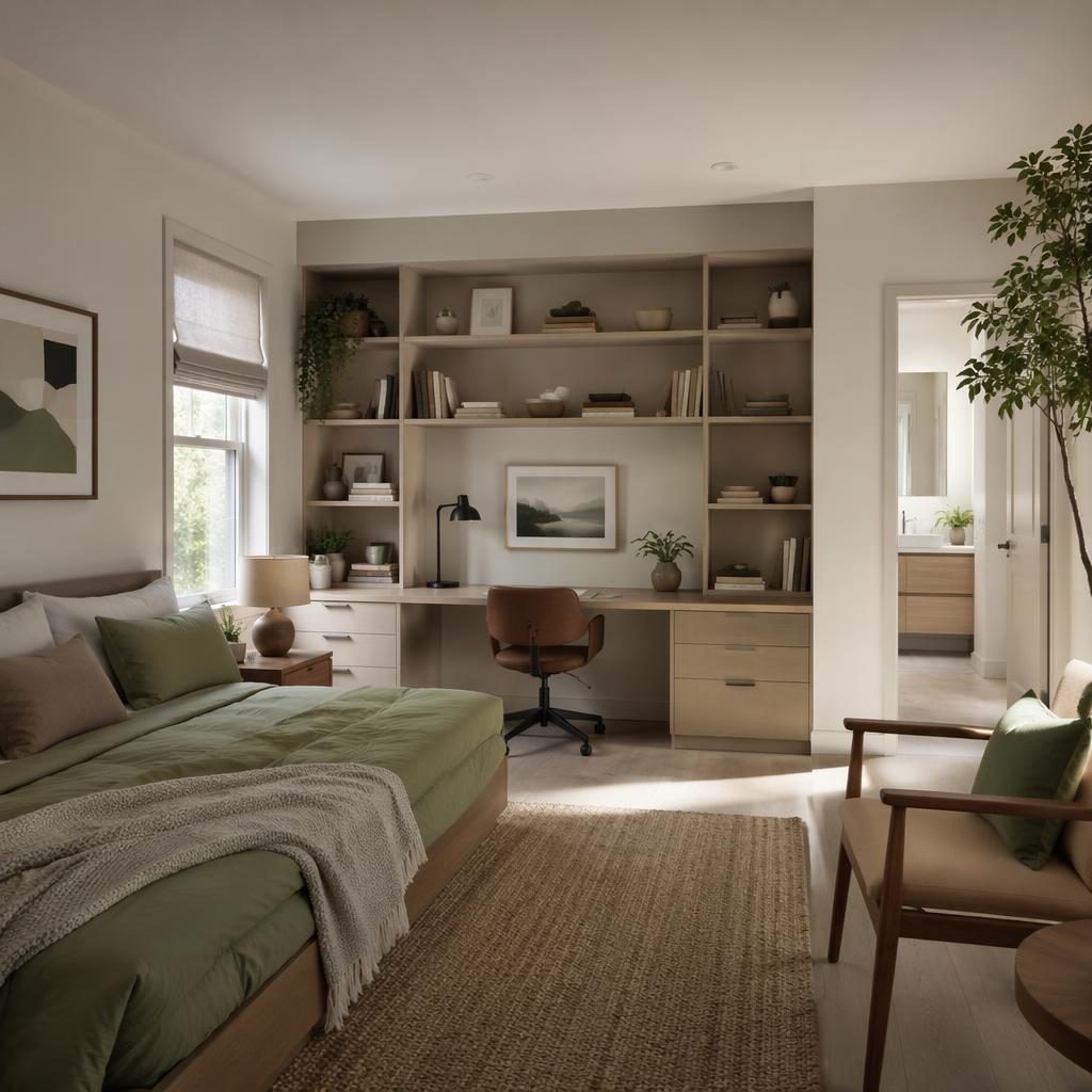 Mid-century inspired sage and cream entryway with soft daylight, plants, art, textiles, and a minimalist concrete kitchen