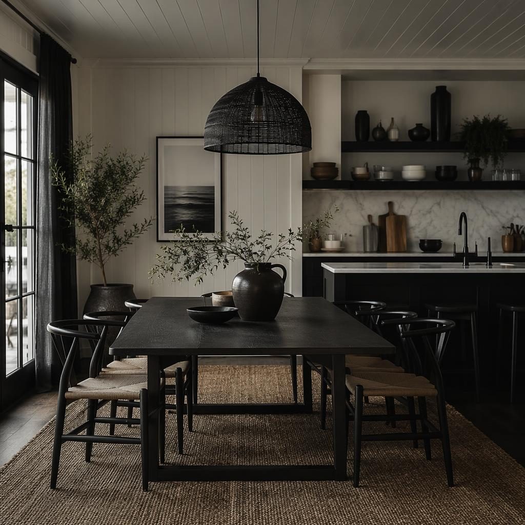 Moody black and white coastal dining room with open shelving, natural materials, plants, art, textiles, and styled furniture.