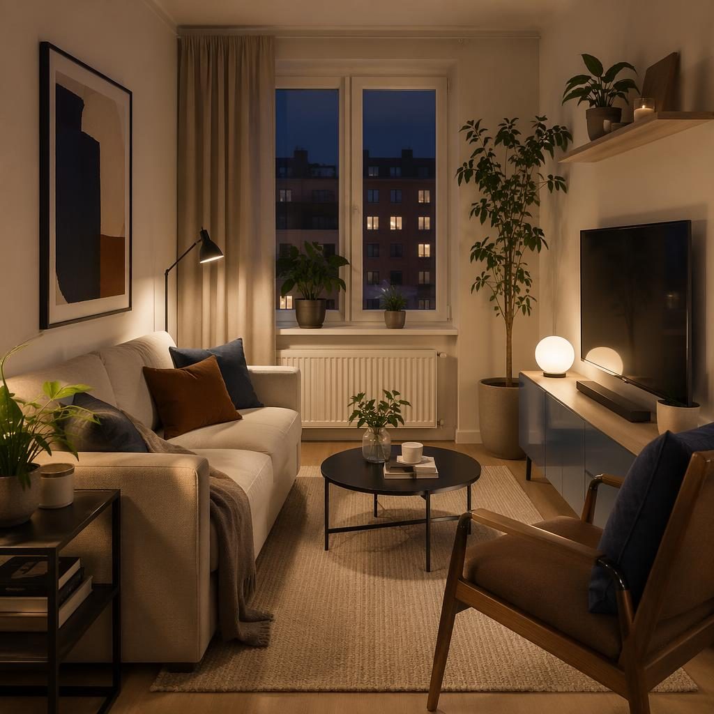 Scandinavian bathroom interior render with blue and brass accents, warm lighting, wood textures, plants, art and textiles.