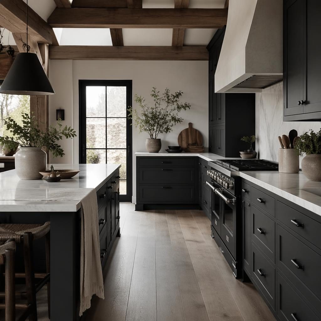 Modern farmhouse kitchen with neutral decor, black and white palette, natural materials, plants, art, and textiles.