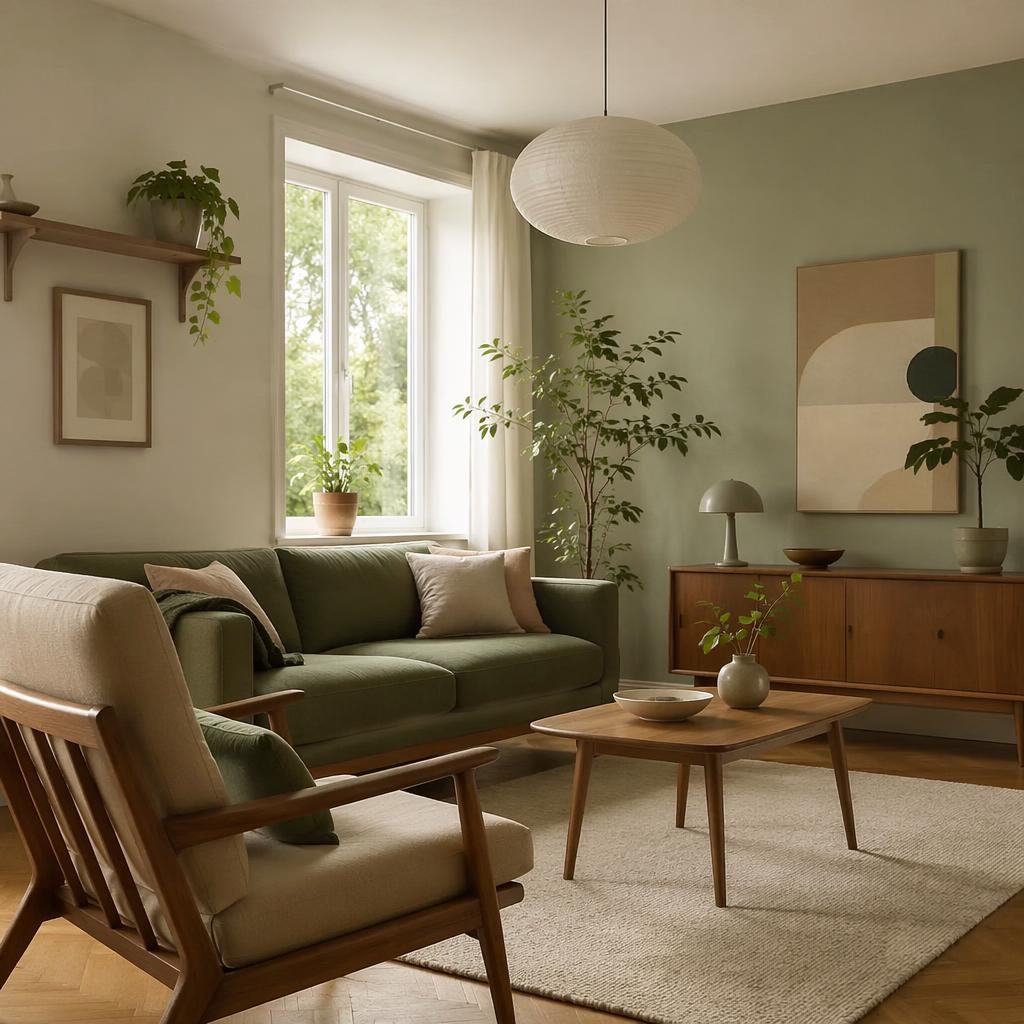 Mid-Century Wohnzimmer mit Salbei-Creme-Palette, natürlichen Materialien, Pflanzen, Kunst und weichem Tageslicht