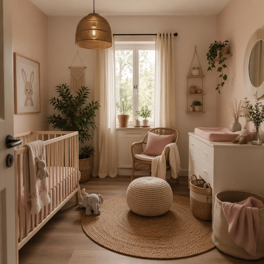 Boho-Ankleidezimmer als Babyzimmer in sanften Pastelltönen mit Naturmaterialien, Textilien, Pflanzen und stimmungsvoller Beleuchtung.