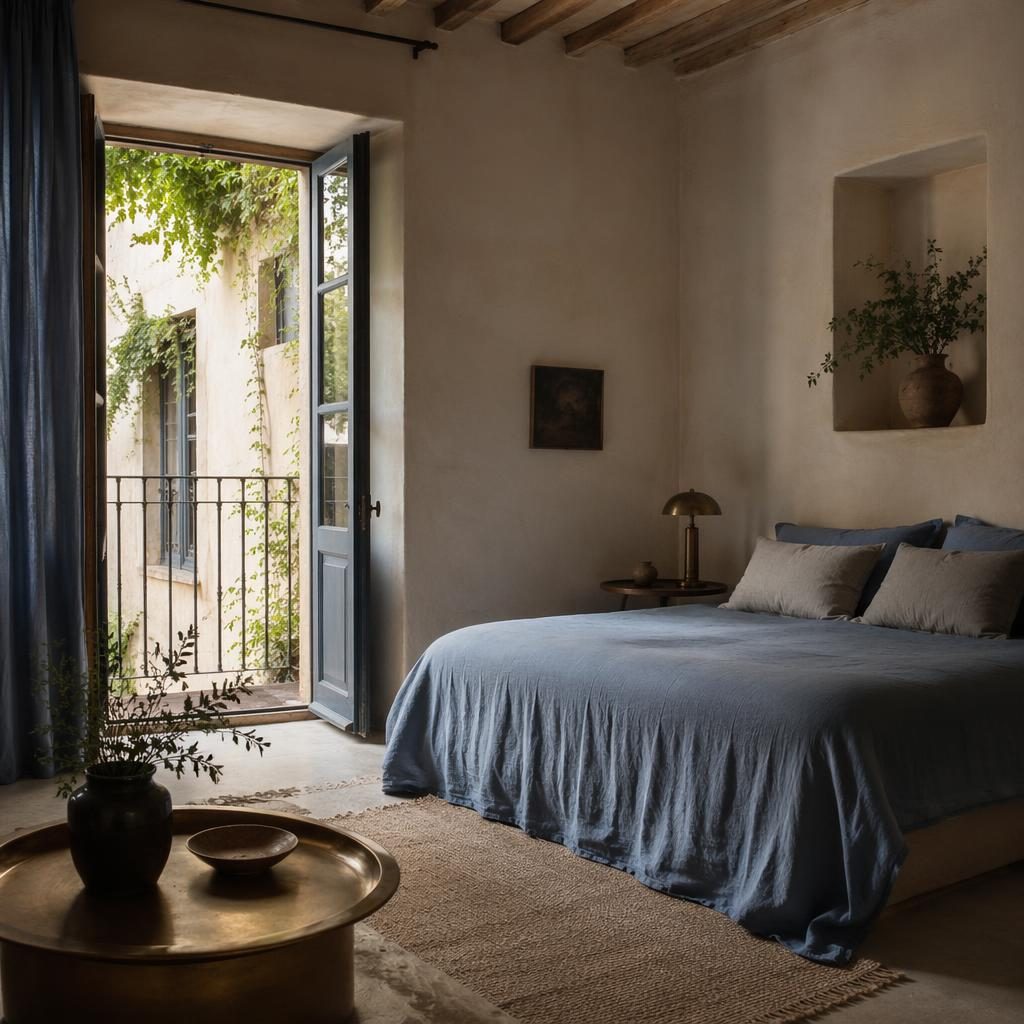 Minimalist muted room with blue and brass accents, soft daylight, natural materials, plants, art, and layered textiles.
