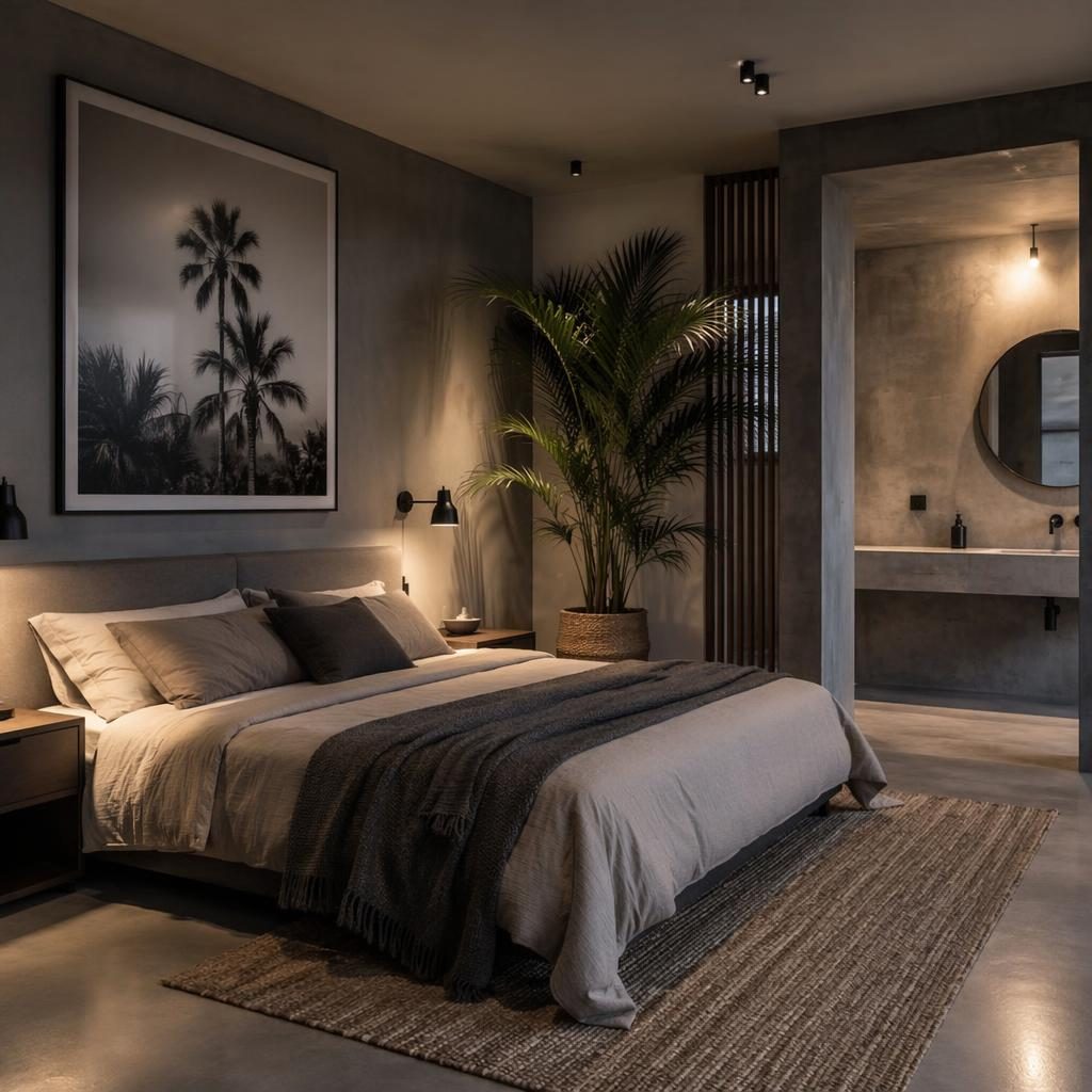 Industrial bathroom interior with raw concrete walls, minimalist layout, warm evening light, plants and palm tree decor.