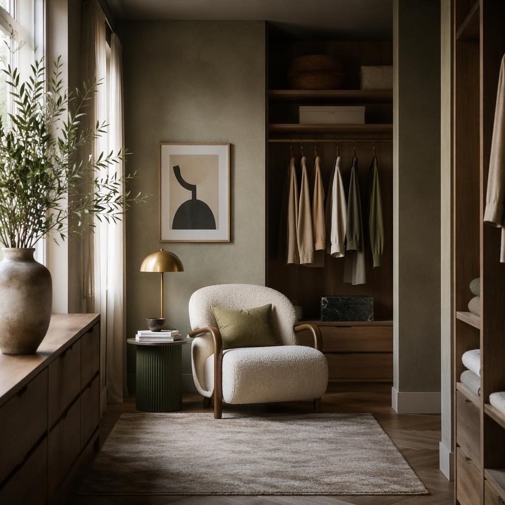 Walk-in closet interior with sage and cream tones, Scandinavian reading nook, natural wood, textiles, plants, and soft diffused light.