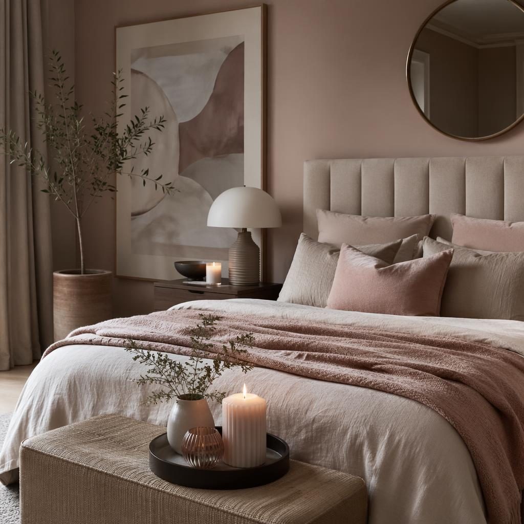 Chambre pastel rose et beige avec lit textile, table de chevet, bougie décorative, plantes et lumière douce