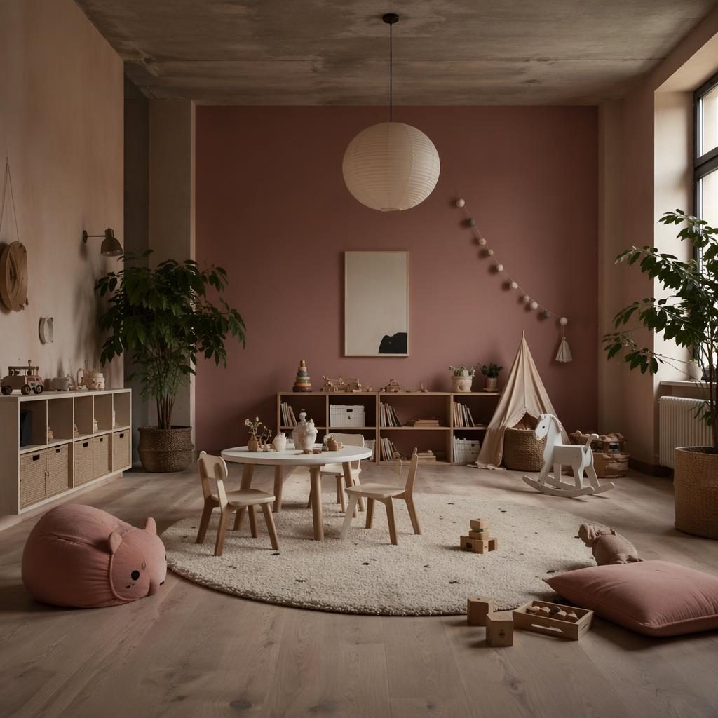 Pastellfarbenes Industrial-Spielzimmer in Rosa und Beige mit Pflanzen, Kunst, Textilien und kindgerechtem Möbel-Layout.