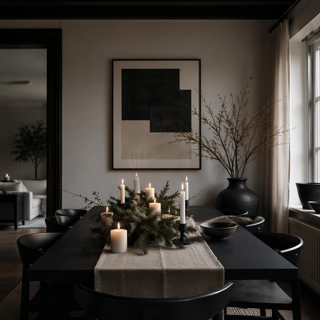 Salón japandi minimalista en blanco y negro, con materiales naturales, plantas, textiles y ambiente cinematográfico sin personas.
