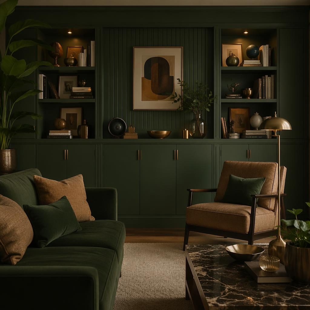 Art-Déco-Wohnzimmer in Smaragd mit dekorierter Anbauwand, Erdtönen, Pflanzen, Textilien und stimmungsvoller Beleuchtung