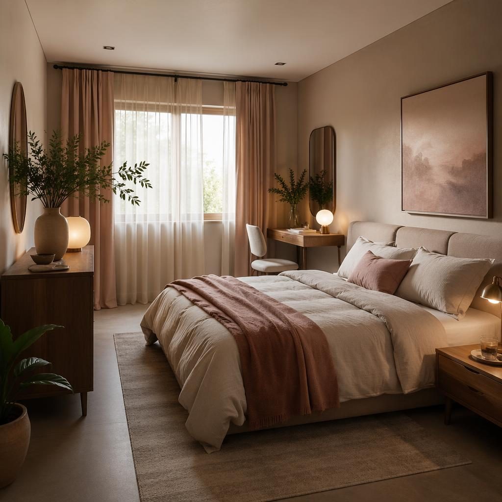 Render fotográfico de interior japandi con entrada de materiales naturales y dormitorio rosa pastel y beige, sin personas