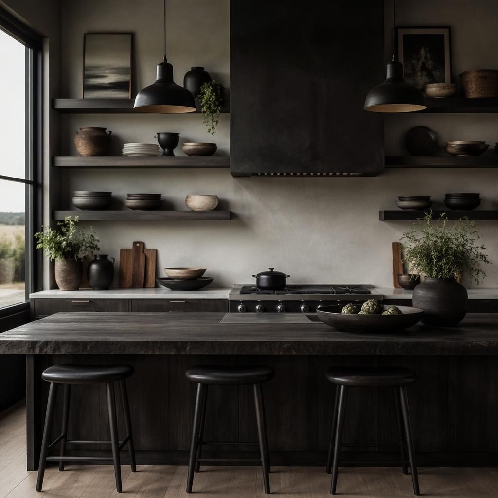 Cocina costera abierta con estantes, paleta blanco y negro, materiales naturales, plantas y textiles, sin personas.