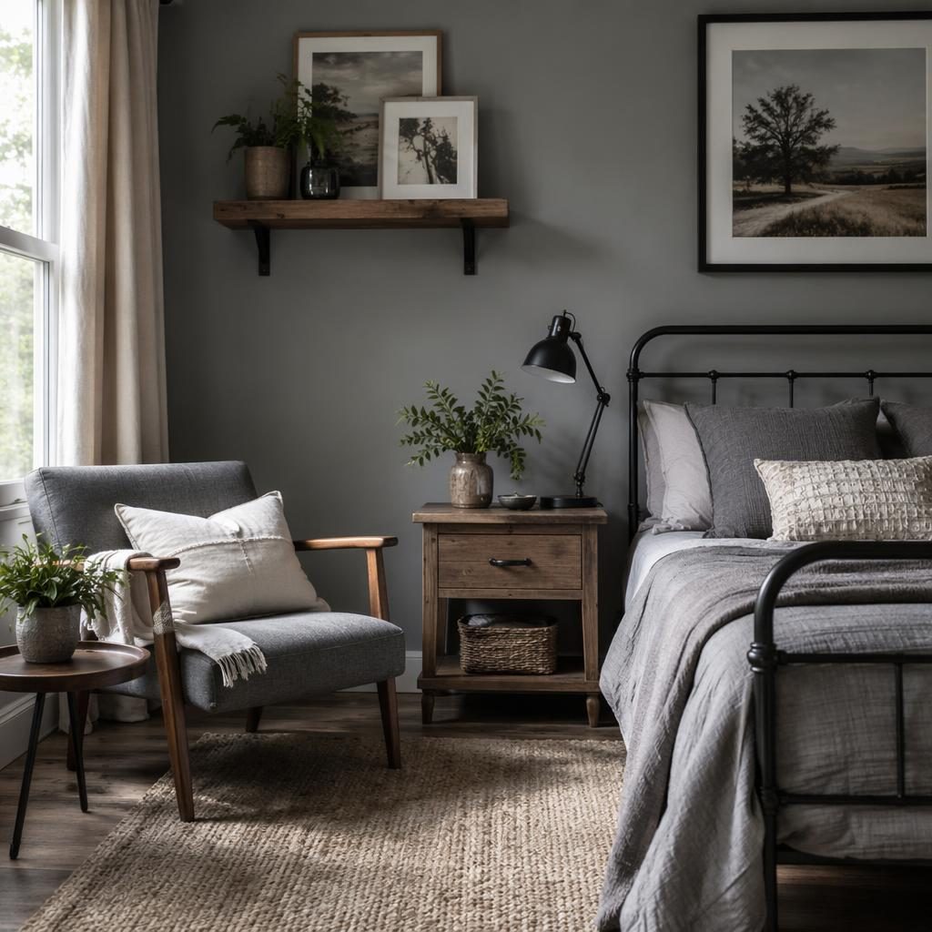 Gemütliche Leseecke im Farmhouse-Interieur mit grauer Palette, Metallbett, Tageslicht, Pflanzen, Kunst und Textilien