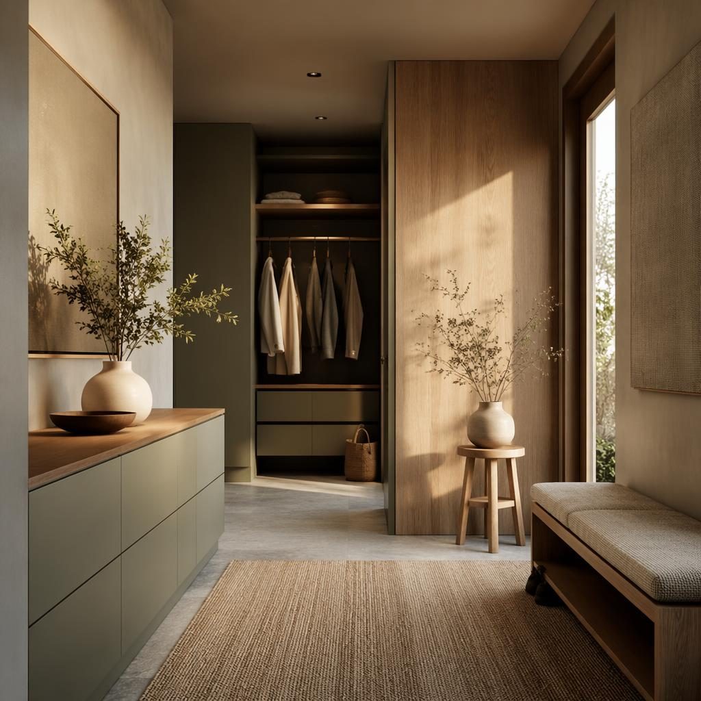 Minimalistischer Walk-in-Closet im skandinavischen Stil mit Salbei- und Cremetönen, Holz, Textilien, Pflanzen und Abendlicht.