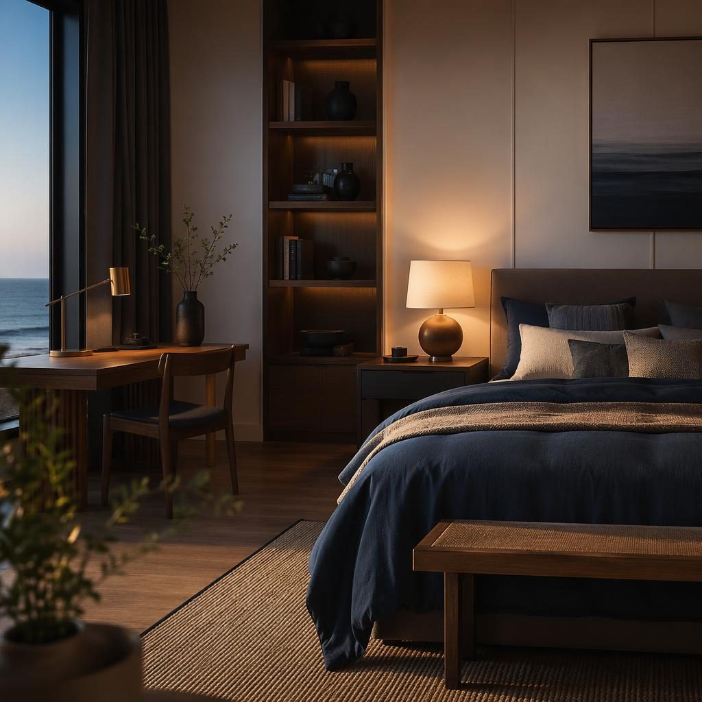 Moody coastal Japandi study with blue walls, brass accents, natural wood furniture, plants, art, and layered textiles