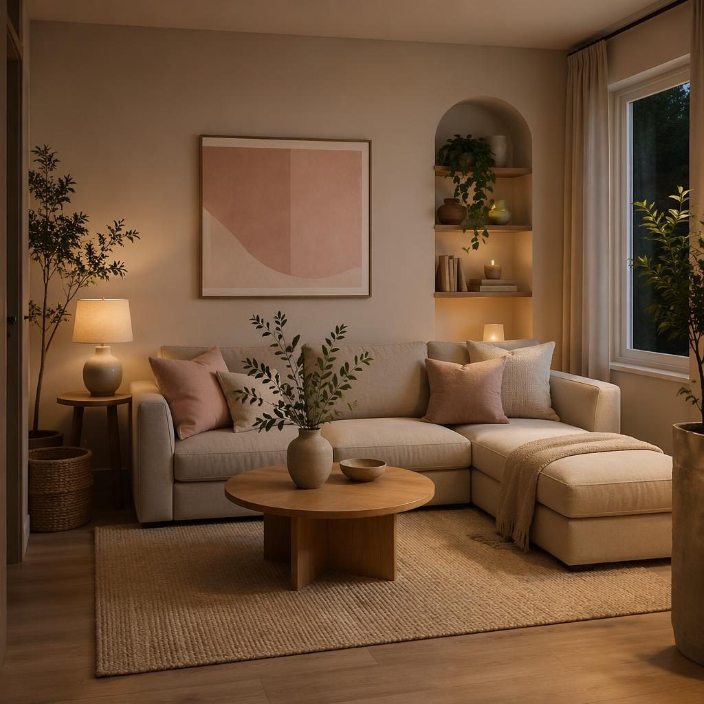 Rendered pastel pink and beige bedroom with soft textiles, natural materials, plants, art, and warm evening lighting