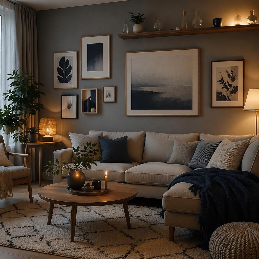 Skandinavisches Wohnzimmer mit blau-messingfarbener Palette, Wandkunst, Pflanzen, Textilien und warmem Abendlicht