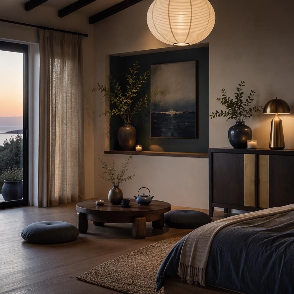 Chambre japandi bord de mer avec palette bleu et laiton, matériaux naturels, plantes, art textile et lumière du soir.