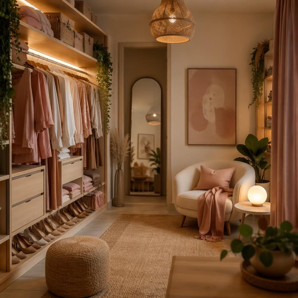 Boho-Ankleidezimmer in Pastellrosa und Beige mit Leseecke, Pflanzen, Textilien, Kunst und warmem Abendlicht