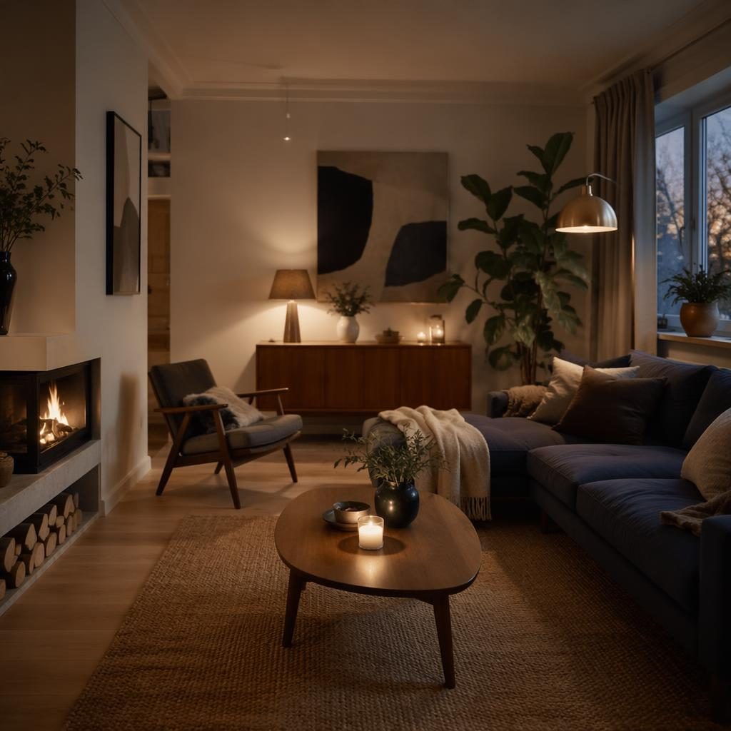 Warm Scandinavian living room with blue and brass accents, natural wood, plants, art, textiles, and soft evening light