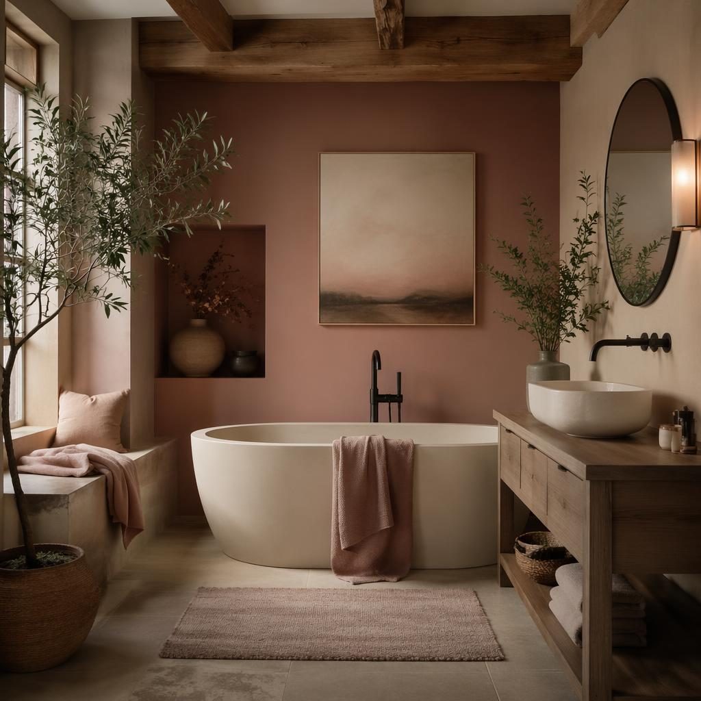 Japandi bathroom interior with pastel pink and beige tones, natural materials, plants, art, textiles, and moody lighting