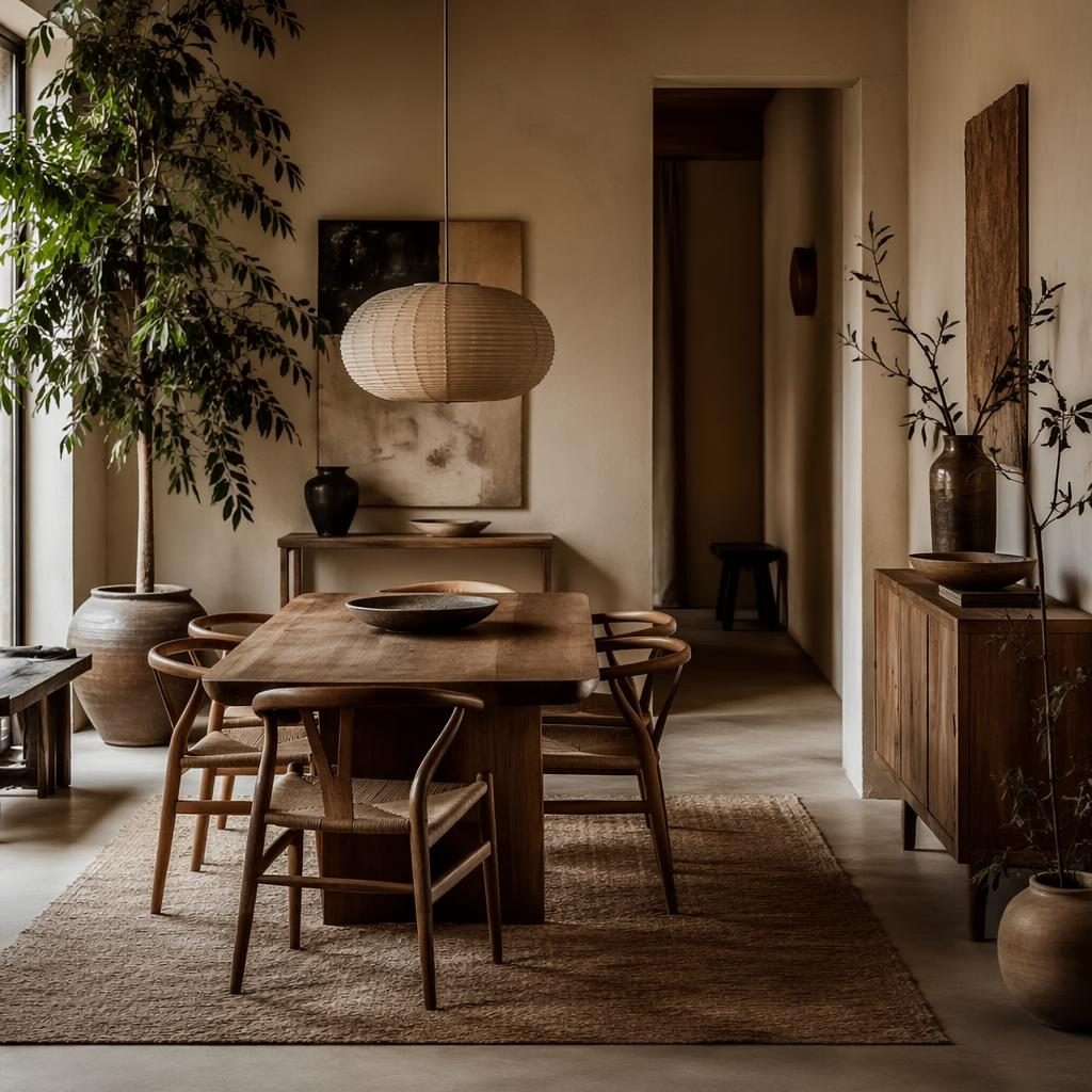 Salle à manger scandinave wabi-sabi aux tons terreux, matériaux naturels, plantes, textiles et lumière tamisée.