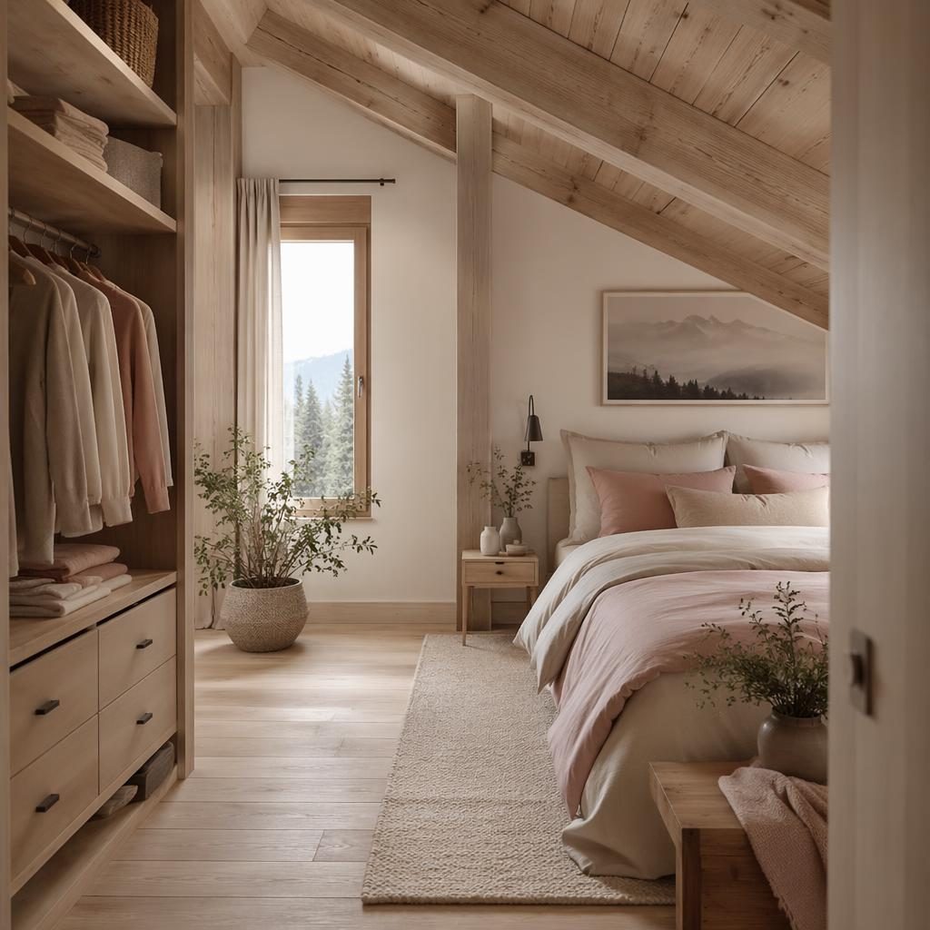 Dressing scandinave ouvert aux tons rose pastel et beige, bois clair, textiles, plantes et lumière douce diffuse.