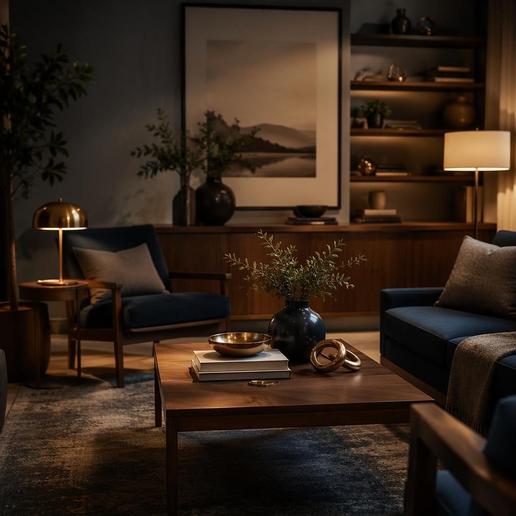 Sala de estudio japandi con mesa de centro decorada, paleta azul y latón, materiales naturales, plantas y luz cálida