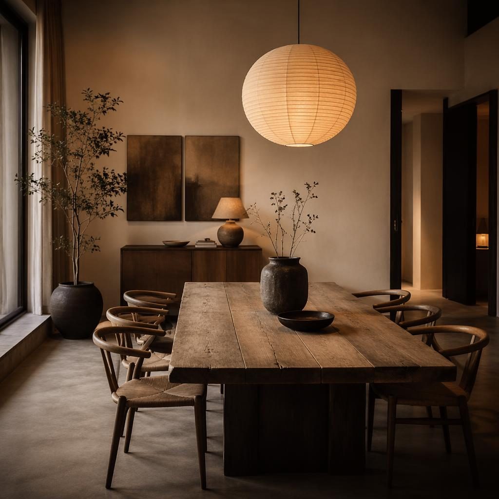 Minimalistisches Schlafzimmer in warmen Naturtönen mit Holz, Textilien, Pflanzen und sanftem Abendlicht.