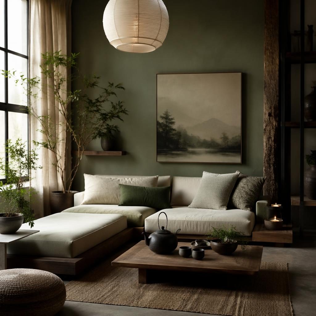 Moody japandi tea room with a compact sofa set, sage and cream palette, natural wood, plants, textiles, and art.