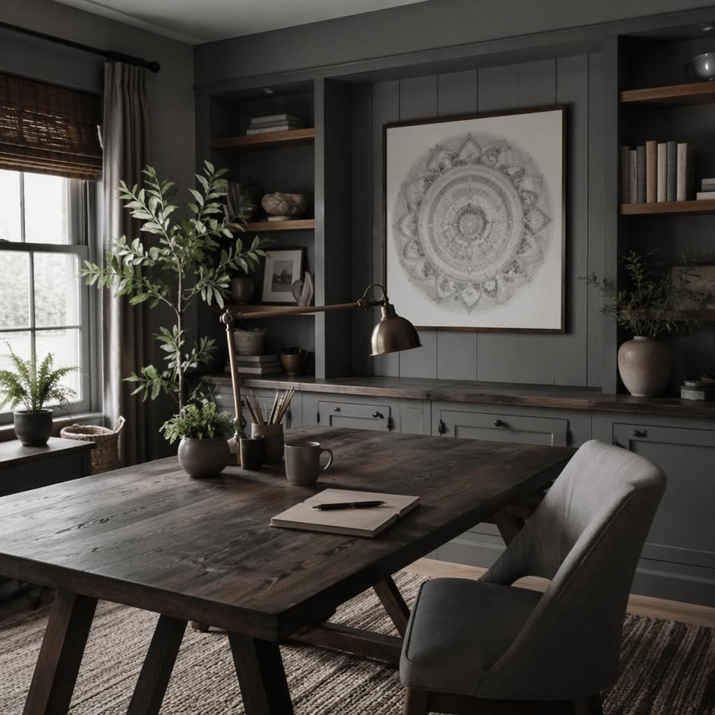 Cocina modern farmhouse en grises fríos, con madera natural, plantas, arte textil y luz ambiental tenue, sin personas.