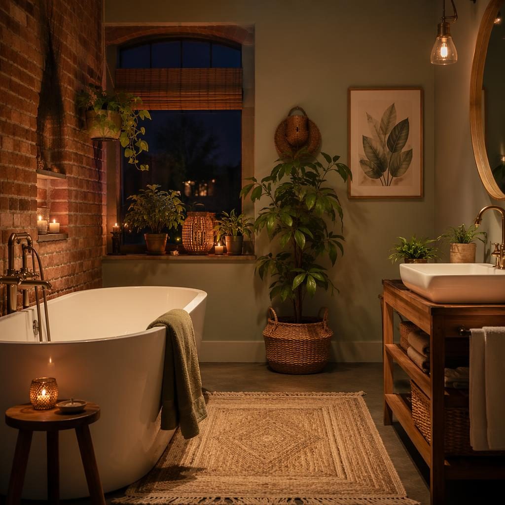 Industrial brick kitchen with sage and cream decor, warm evening light, natural materials, plants, art, and textiles