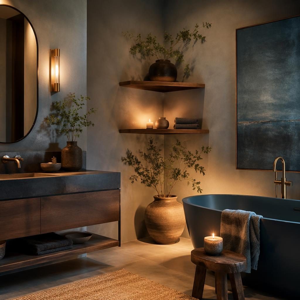 Baño principal contemporáneo estilo wabi-sabi en azul y latón, con plantas, arte, textiles y luz cálida de tarde.