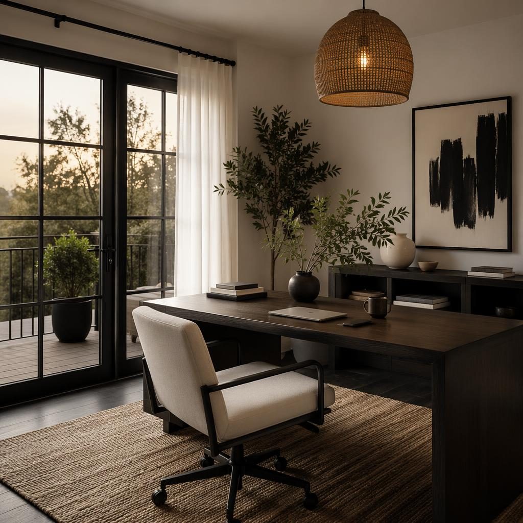 Japandi balcony home office in black and white with warm evening light, natural materials, plants, art, textiles, no people